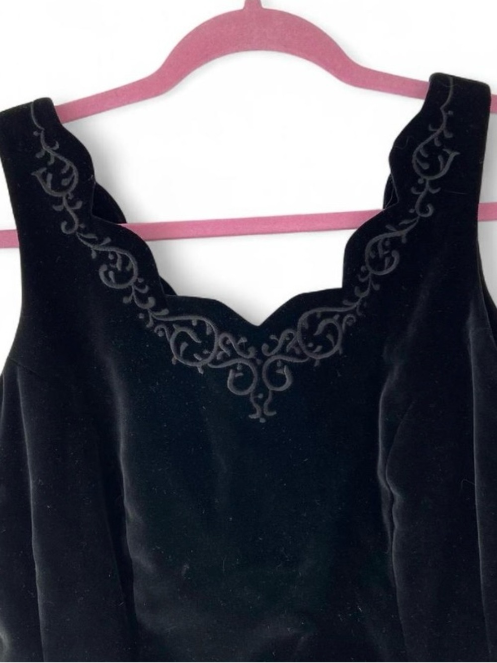 Vintage Laura Ashley Black Velvet Midi Dress with Scalloped Embroidered Neckline